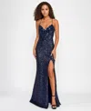 City Studios Juniors' Sequin Side-slit Lace-up Gown In Navy
