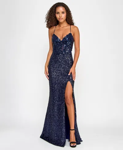 City Studios Juniors' Sequin Side-slit Lace-up Gown In Navy