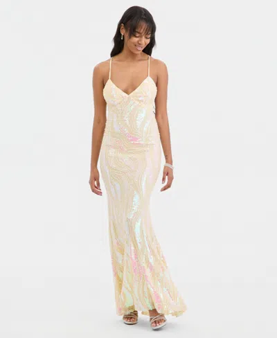 City Studios Juniors' Sequined Lace-up Gown In Neutral
