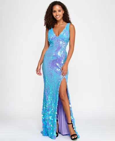 City Studios Juniors' Sequined Side-slit Evening Gown, Created For Macy's In Lavender,aqua