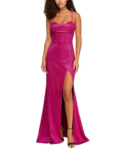 City Studios Juniors' Glitter Drape Front Lace-up Back Gown In Magenta