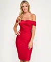 City Studios Juniors' Side Ruched Off-the-shoulder Midi Dress In Red