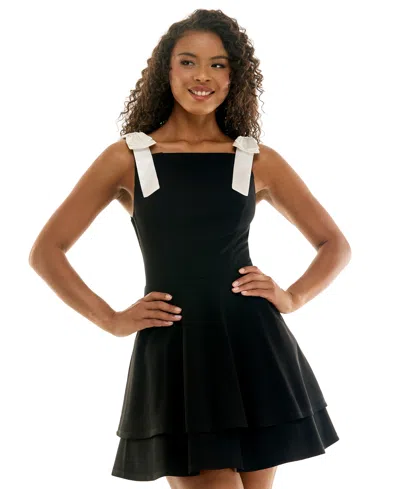 City Studios Juniors' Square Neck Bow Straps Mini Dress In Black