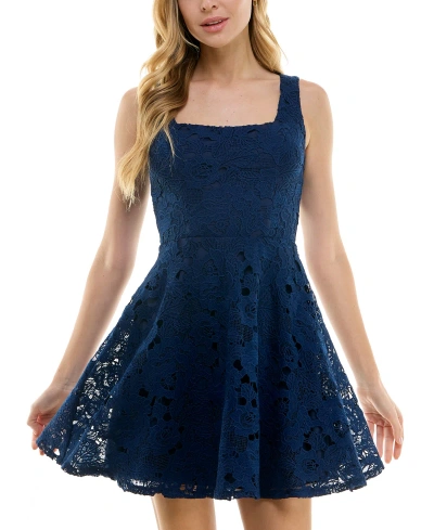 City Studios Juniors' Square-neck Fit & Flare Skater Dress In Navy