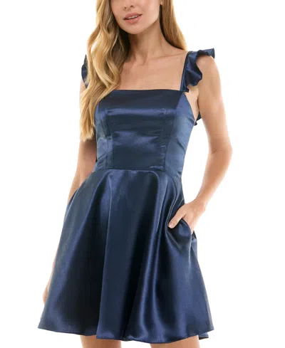 City Studios Juniors' Square-neck Ruffled Mini Dress In Navy