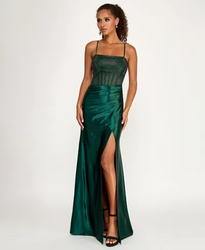 City Studios Juniors' Square Neck Side Slit Gown In Green
