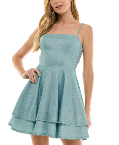 City Studios Juniors' Straight-neck Sleeveless Fit & Flare Dress In Blue Silver