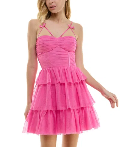 City Studios Juniors' Straight-neck Sleeveless Tiered Mesh Dress In Bubble Gum