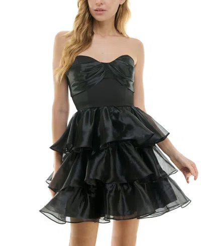 City Studios Juniors' Strapless Organza-ruffle Mini Dress In Black