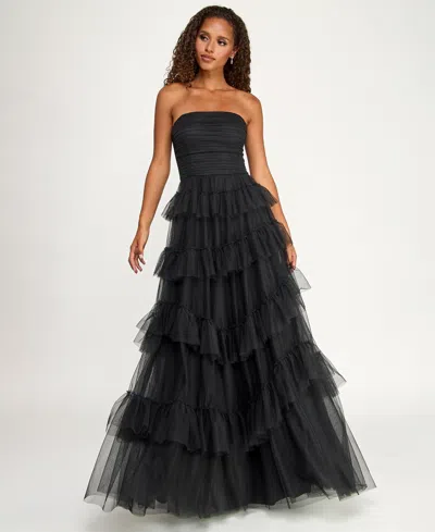 City Studios Juniors' Strapless Ruffle Skirt Gown In Black