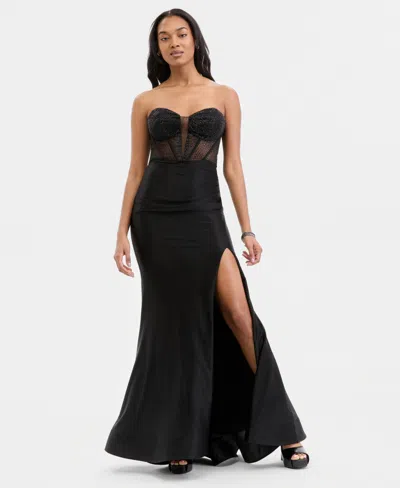City Studios Juniors' Studded Mesh-bodice Gown In Black