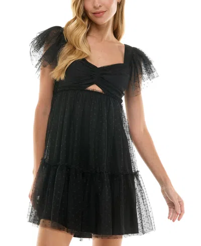City Studios Juniors' Sweetheart-neck Mesh Dot Dress In Black