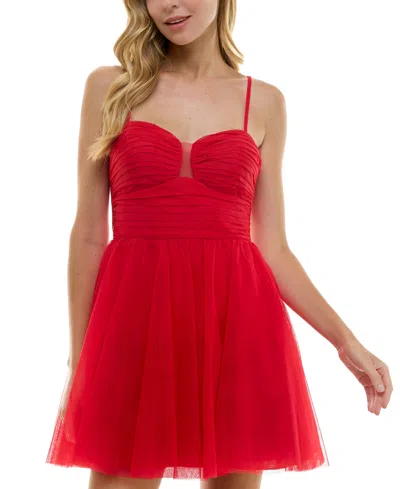 City Studios Juniors' Sweetheart-neck Pleated Mesh Dress In Red