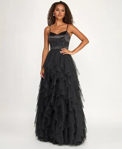 City Studios Juniors' Sweetheart-neck Ruffled Cascade Gown In Black