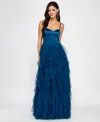 City Studios Juniors' Sweetheart-neck Ruffled Cascade Gown In Med.teal