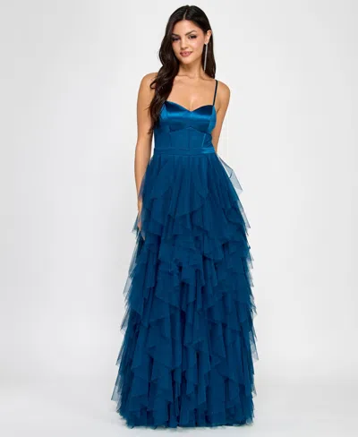 City Studios Juniors' Sweetheart-neck Ruffled Cascade Gown In Med.teal