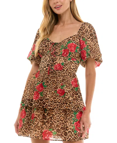 City Studios Juniors' Tiered Cheetah-print Fit & Flare Dress In Brown,red