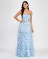 City Studios Juniors' Tiered Floral-print Gathered Dress In White,navy