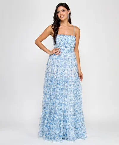 City Studios Juniors' Tiered Floral-print Gathered Dress In White,navy