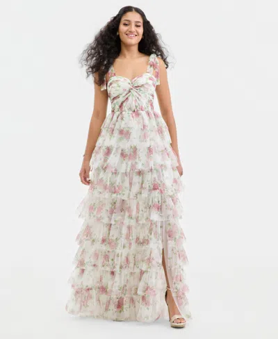 City Studios Juniors' Tiered Glitter-mesh Gown, Created For Macy's In White