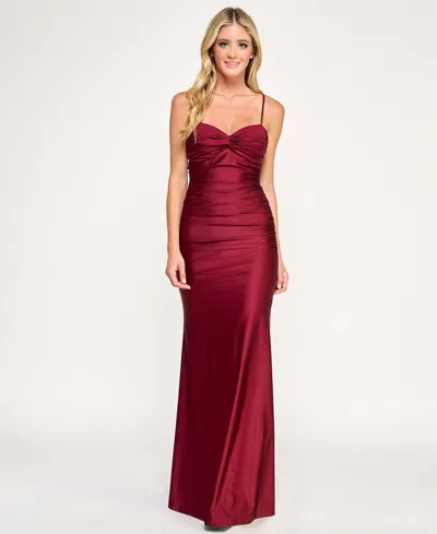 City Studios Juniors' Twist Bandeau Ruched Long Dress In Cabernet