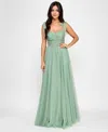 City Studios Juniors' Twist-front Shoulder-tie Glitter Gown In Sage