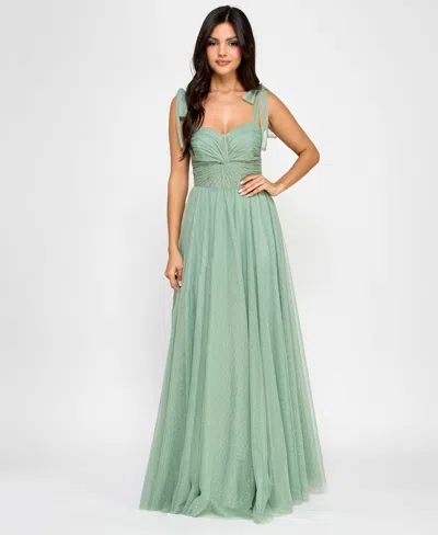 City Studios Juniors' Twist-front Shoulder-tie Glitter Gown In Sage