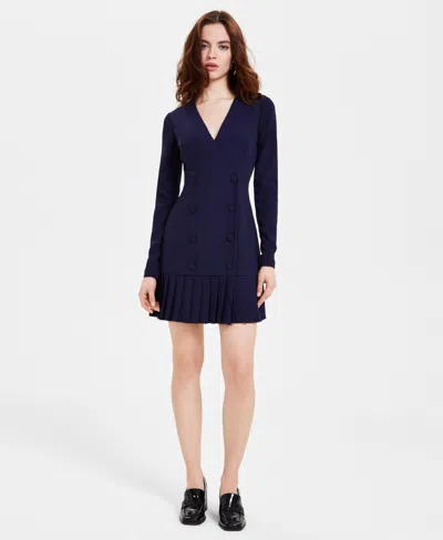 City Studios Juniors' V-neck Pleated-hem Blazer Dress In Navy | ModeSens