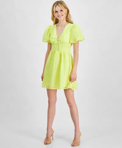 City Studios Juniors' V-neck Puff-sleeve Windowpane Check Dress In Yellow