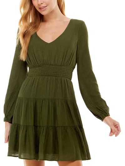 City Studios Juniors Womens Smocked Long Sleeves Fit & Flare Dress In Green
