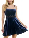 City Studios Juniors Womens Velvet Embellished Mini Dress In Blue