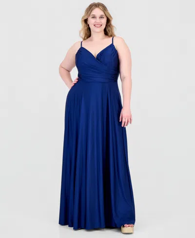 City Studios Plus Size Satin Sweetheart Wrap Gown In Admiral