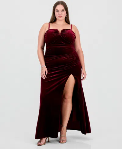 City Studios Plus Size Velvet Ruched Sweetheart Neckline Gown In Red