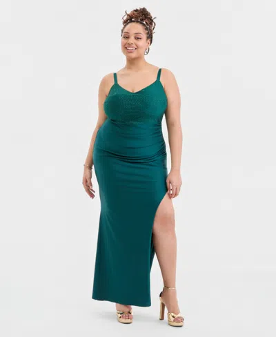 City Studios Trendy Plus Size Beaded-top Side-slit Gown In Green