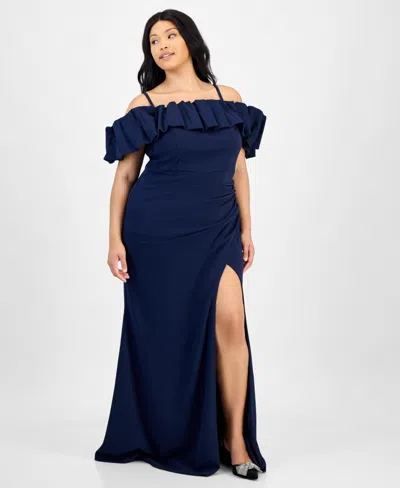 City Studios Trendy Plus Size Bubble-trim Cold-shoulder Scuba Gown In Blue