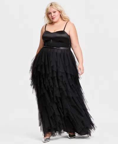 City Studios Trendy Plus Size Corset-bodice Ruffled-skirt Gown In Black