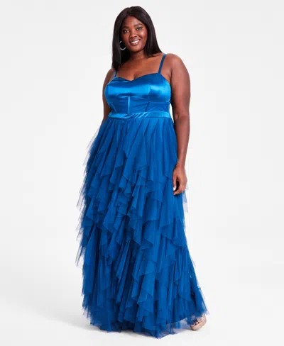 City Studios Trendy Plus Size Corset-bodice Ruffled-skirt Gown In Med Green
