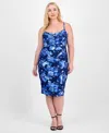 City Studios Trendy Plus Size Cowl-neck Foiled Floral Ruched Dress In Blue
