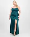 City Studios Trendy Plus Size Drape-neck Sleeveless Gown In Dark Green