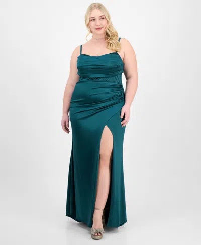 City Studios Trendy Plus Size Drape-neck Sleeveless Gown In Dark Green
