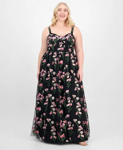 City Studios Trendy Plus Size Embroidered Tulle Sleeveless Gown In Lt,paspink