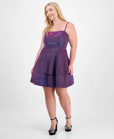 City Studios Trendy Plus Size Fit & Flare Glitter Dress In Purple