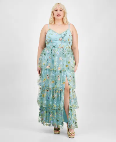 City Studios Trendy Plus Size Floral Embroidered Tiered Sleeveless Gown In Lt,pas Grn