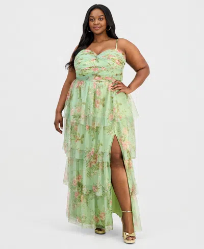 City Studios Trendy Plus Size Floral Mesh Tiered Gown In Green