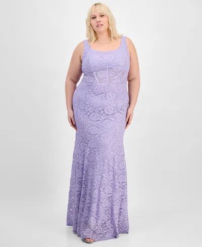City Studios Trendy Plus Size Glitter Lace Gown In Med Purple