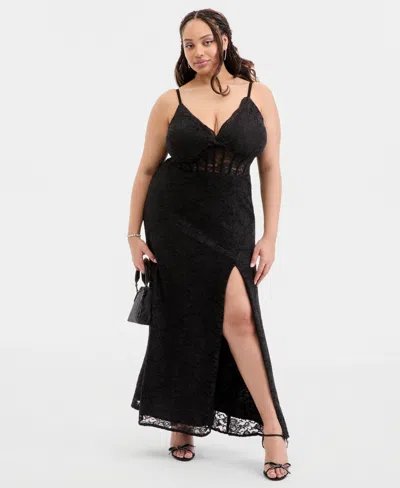 City Studios Trendy Plus Size Glitter Lace Spaghetti-strap Gown In Black