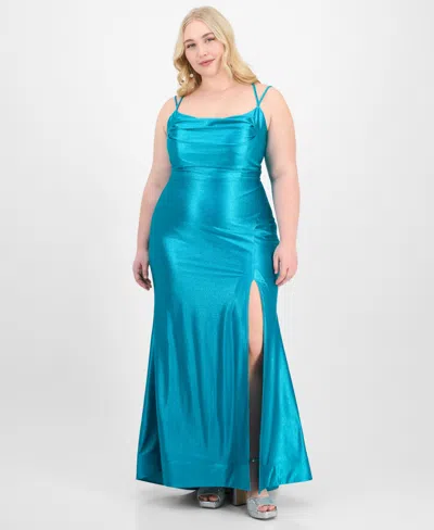 City Studios Trendy Plus Size Glitter Lace-up Sleeveless Gown, Created For Macy's In Turq,aqua