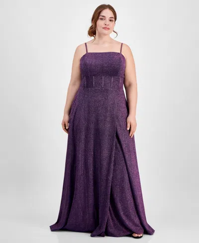 City Studios Trendy Plus Size Glitter Sleeveless Gown In Grape