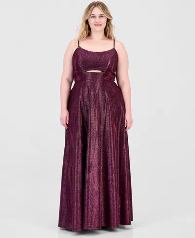 City Studios Trendy Plus Size Glitter Sleeveless Gown In Wine