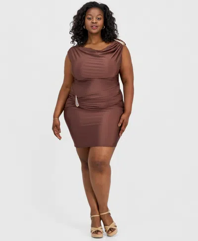 City Studios Trendy Plus Size Hardware Draped Bodycon Dress In Brown